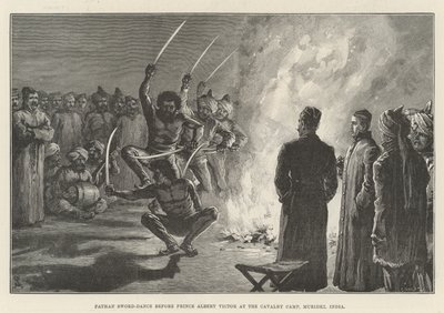 Pathan-Schwerttanz vor Prinz Albert Victor im Kavallerielager, Muridki, Indien von Johann Nepomuk Schonberg